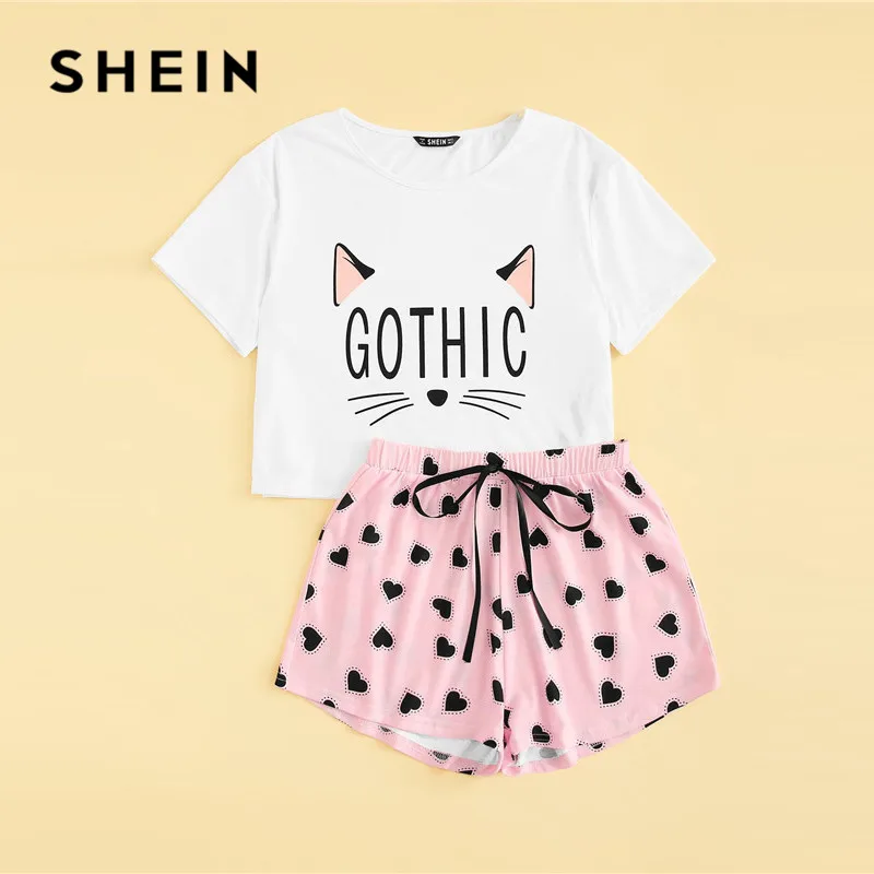 Online SHEIN Cat Print Tshirt And Heart Elastic Waist Shorts Casual Sleepwear Women Summer Cute Round Neck Short Sleeve Pajama Set