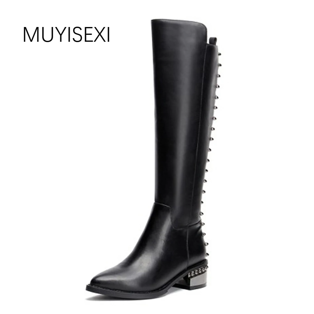 

Knee High Boots Brand Shoes Genuine Leather+PU Rivets Women Black Motorcycle Boots Zip Shoes Winter Boots 33-43 XMR01 MUYISEXI