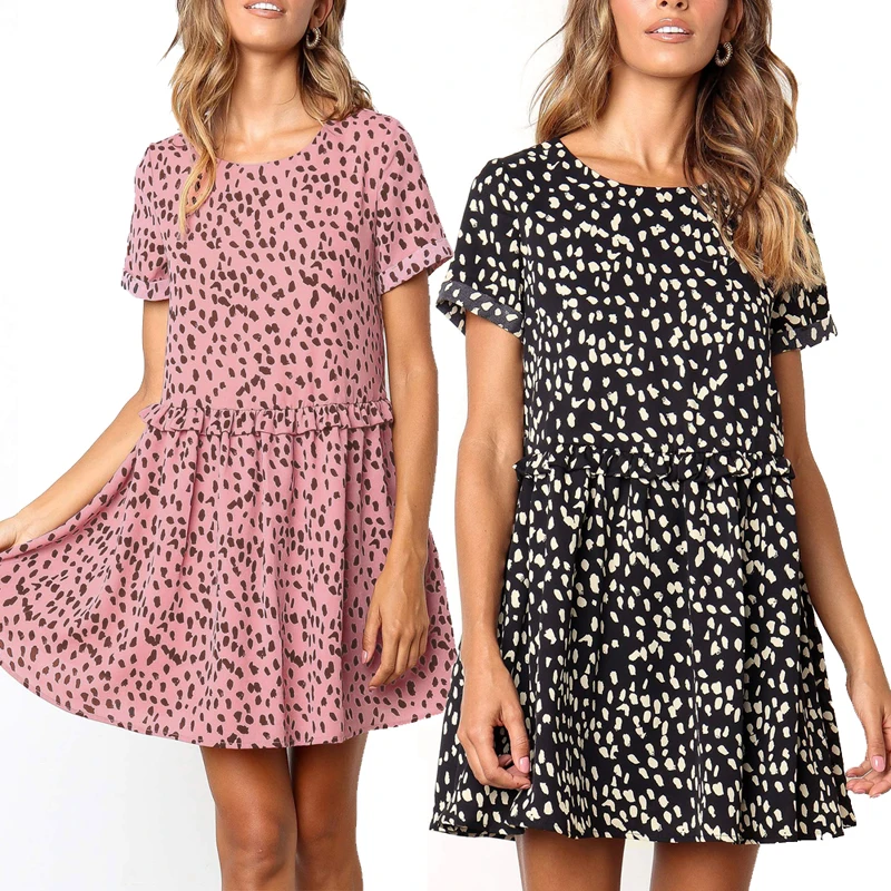 

Women Casual Dot O-Neck Short Sleeve Point Printed Wooden Ear Casual Dress Bohemia Summer Beach Splicing Loose Dress Female