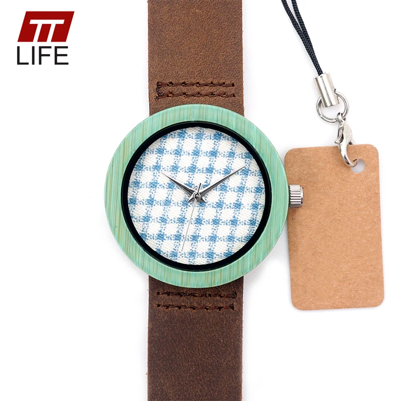 

TTLIFE WD265 Women Wooden Bamboo Watch Genuine Brown Leather Strap Quartz Watch High Quality Country Style Wristwatch as Gift