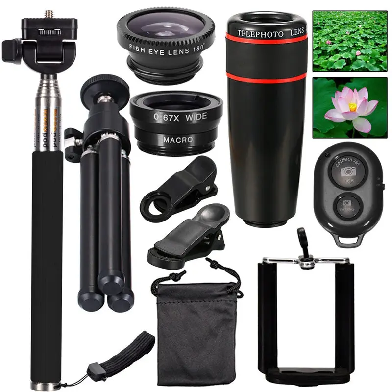 bilder für Alle in 1 Universal-handy-objektiv Kit Kamera 8X Teleobjektiv micro fischaugen-objektiv mini stativ selfie stick fernbedienung kits bilder für Alle in 1 Universal-handy-objektiv Kit Kamera 8X Teleobjektiv micro fischaugen-objektiv mini stativ selfie stick fernbedienung kits