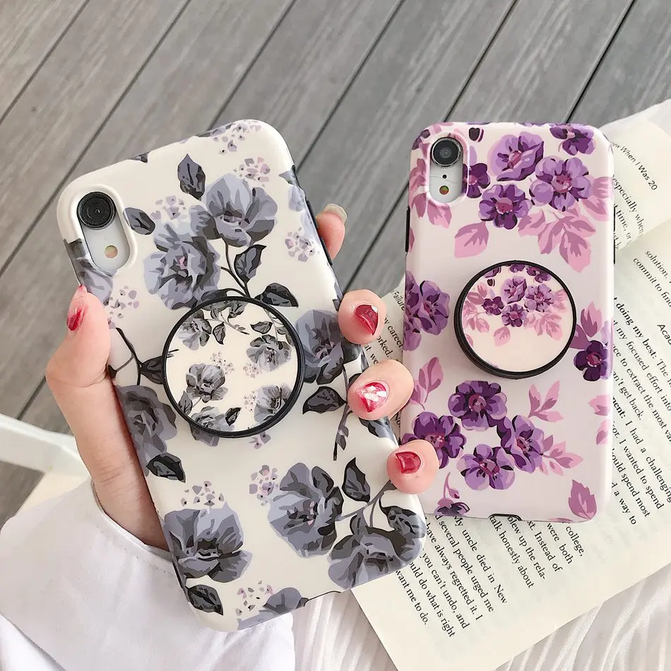 

For iPhone 7 Plus XR X XS Max Case Temperament Violet Marble Folding Bracket Holder Cover For iPhone 8 6 6s Plus Soft TPU Coque