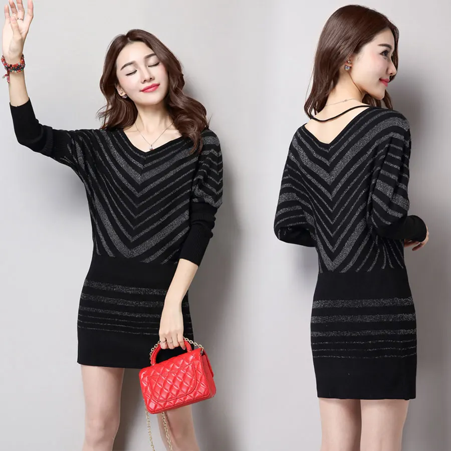 Women Christmas Sweaters and Pullovers Deep V Neck Long Sleeve Knitted Sweater Dress Casual Stripe Winter Jumper Pull Femme | Женская