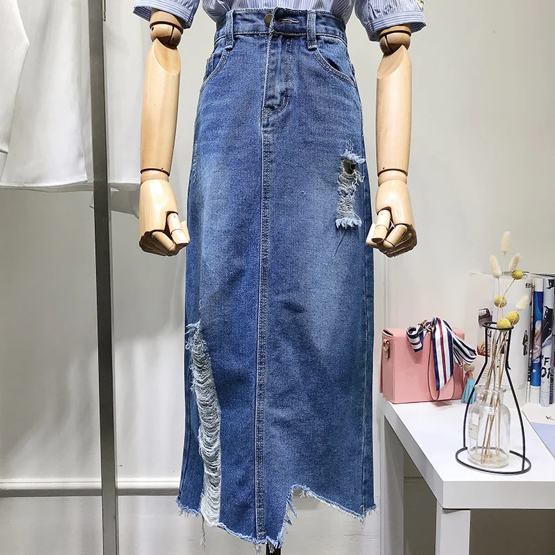 

2019 Spring and Autumn Students Broken Hole Irregular Jeans Skirt Woman Female High Waist Long Denim Skirts