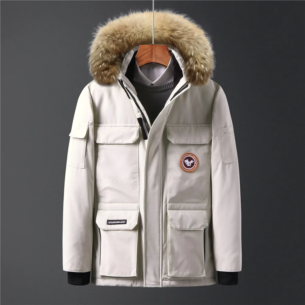 

Hight quality winter fashion men's white duck down jackets hood with fur waterproof windbreaker warm outerwear coat parka