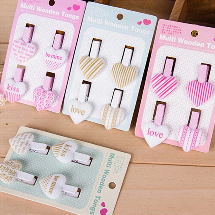

4 pcs/pack Creative Hearts Wooden Paper Clip Photo Clip Memo Note Clips Office Supplies
