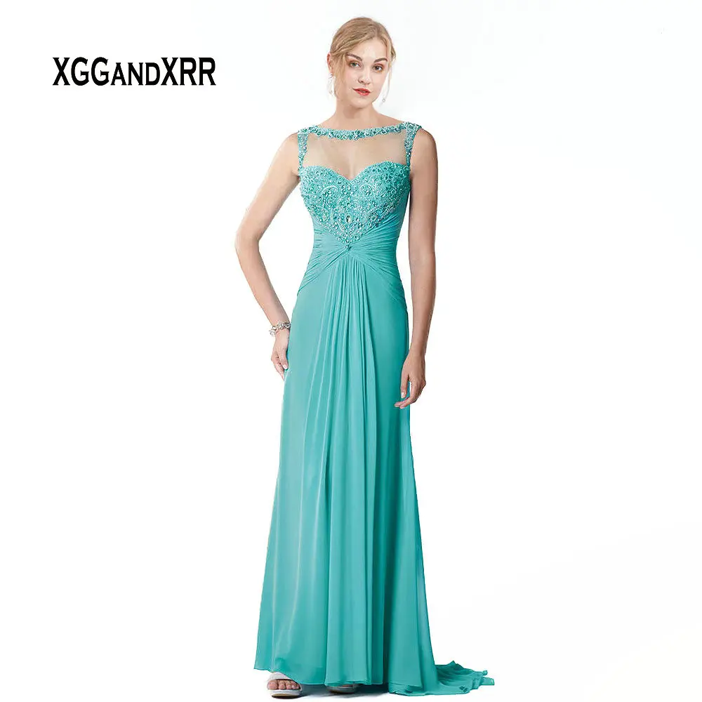 

Amazing Blue Chiffon Mother Of Bride Dresses 2019 Scoop Pleats Beading Illusion Back Groom Mother Long Evening Dress Plus Size