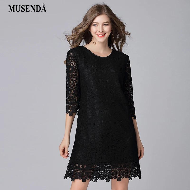 

MUSENDA Plus Size Women Black Hollow Out Lace 3/4 Sleeve Dress New 2018 Spring Female Casual Dresses Vestido Robe Clothing 5XL