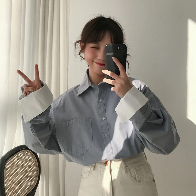 Koop 2 kleuren 2019 lente patchwork mouw lange mouwen losse blouses dames shirts vrouwen tops (F3619)