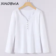 Новое поступление Осень Женская Высокая мода плюс размер Сексуальная v-образный вырез Однотонная футболка с длинным рукавом Топы женские повседневные хлопковые рубашки тройники