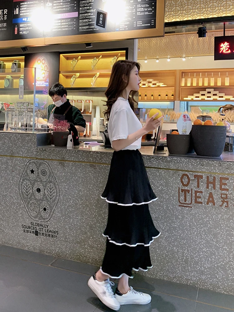 CHGOISIO Summer Elastic Cupcake Chiffon High Waist Women's Skirt Korean Casual Elegant Women's Skirts Black And White Skirts