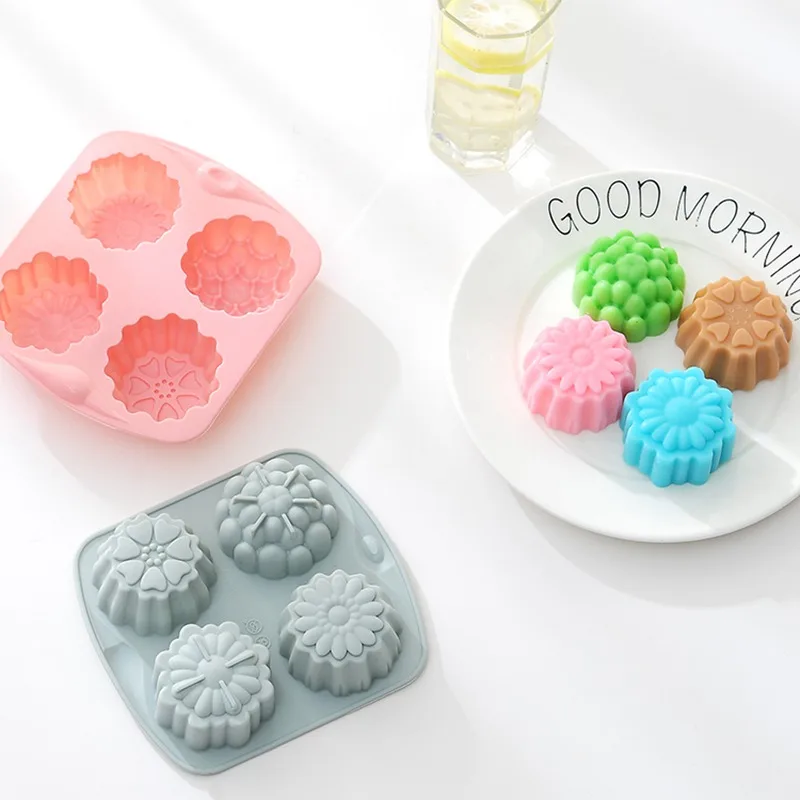 

4 Holes Flower Shaped Silicone Pudding Jelly Mould DIY Handmade Candle Cake Baking Soap Moulds Mold Kitchen Tools