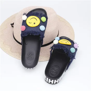 

Home slippers for Women Summer Basic Shoes Denim Ladies Shoes Fabric Smiling Face Slippers Indoor Fashion Comfortable Flat With