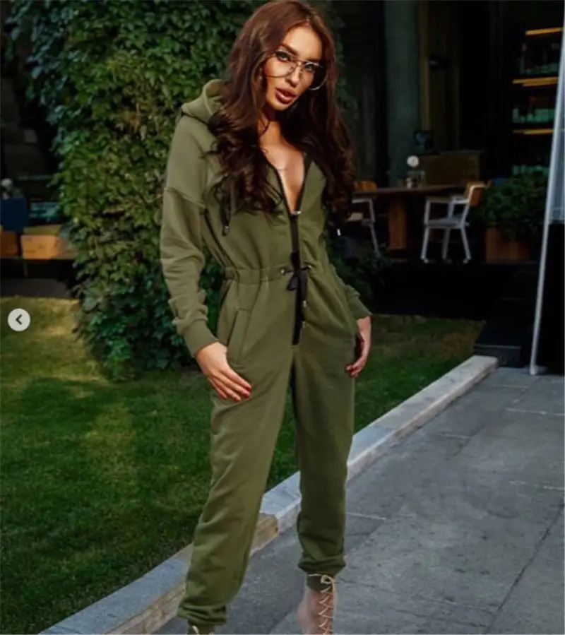 Ladies Women Jumpsuit Zipper Hooded Clubwear Party Bodycon Long Pants Casual Romper Solid Warm Cotton Skinny Soft Clothing - Color: Green