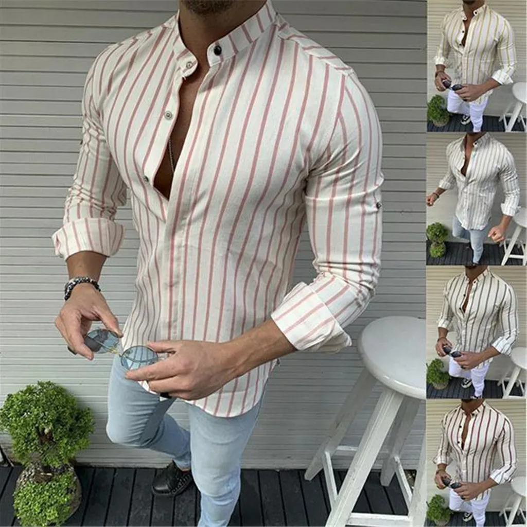 

New Arrivals Slim Fit Male Shirt Men Summer Fashion Shirts Casual Striped Long-Sleeve Top Blouse Stand Collar M-3XL hot sales