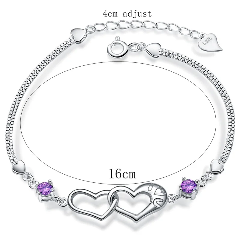 

925 Delicate Crystal Purple White Zircon Heart Bracelet for Women Bracelets Women's Bangle Jewelry