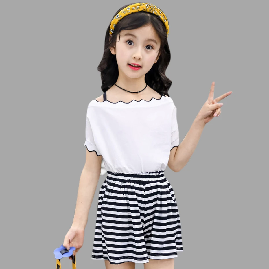 

Girls Summer Clothes Cotton Girls Fashion Clothing Open Shoulder Shirt+Striped Wide-leg Pants 2 Pcs Teen Clothing For 3 4 6 8 10