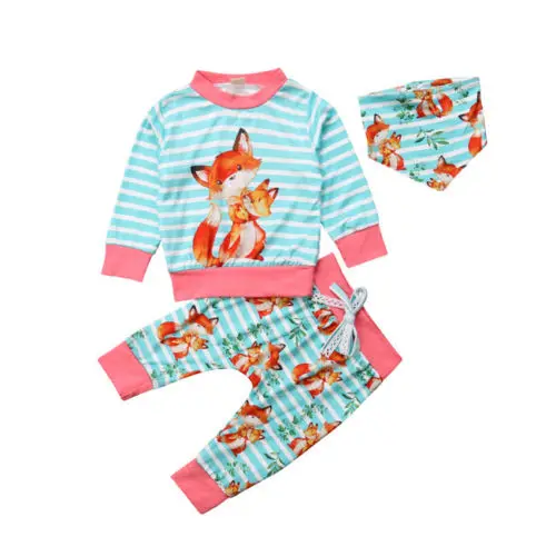 

2019 New Adorable Newborn Kids Baby Boy Girl Autumn Cotton Sets Floral Striped Tops Coat Long Pants Bibs 3Pcs Girl Clothes 0-24M