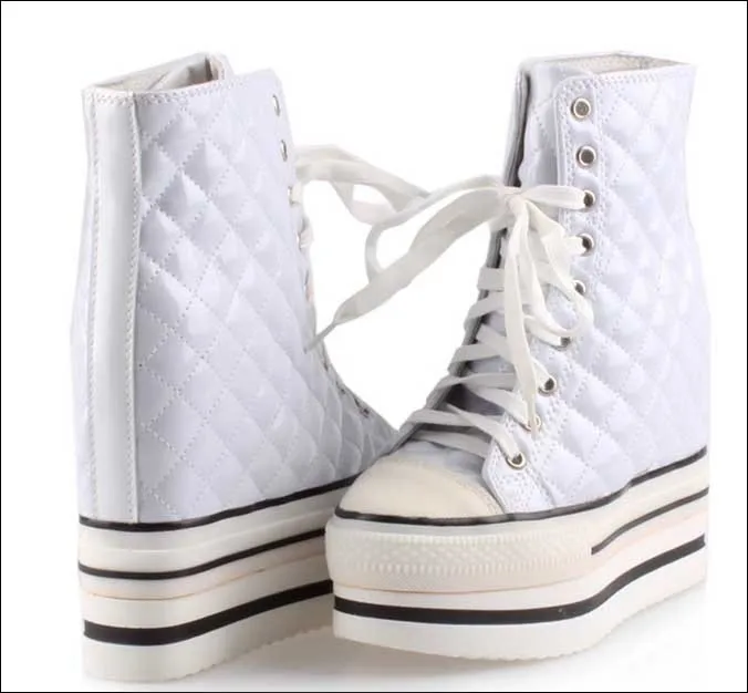 Новое поступление года; стеганые ботинки со скрытым высоким каблуком, увеличивающие рост; ботинки на высокой платформе со шнуровкой; модная женская повседневная обувь; размеры 34-40 - Цвет: white  style B