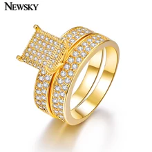 NEWSKY Nupcial Conjuntos de Combinación de Oro Plateado Para Las Mujeres Anillos de Cristal Anillo de Compromiso de Parejas del Amante de la Joyería Fina Joyería de La Marca R0054