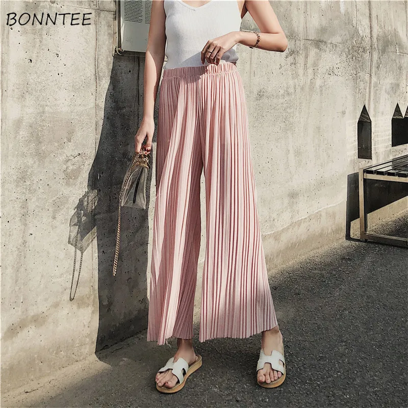 

Pants Women Simple Solid Chiffon Korean Style Loose Elastic Waist Summer Students High Quality Soft Womens Trousers Lovely Daily