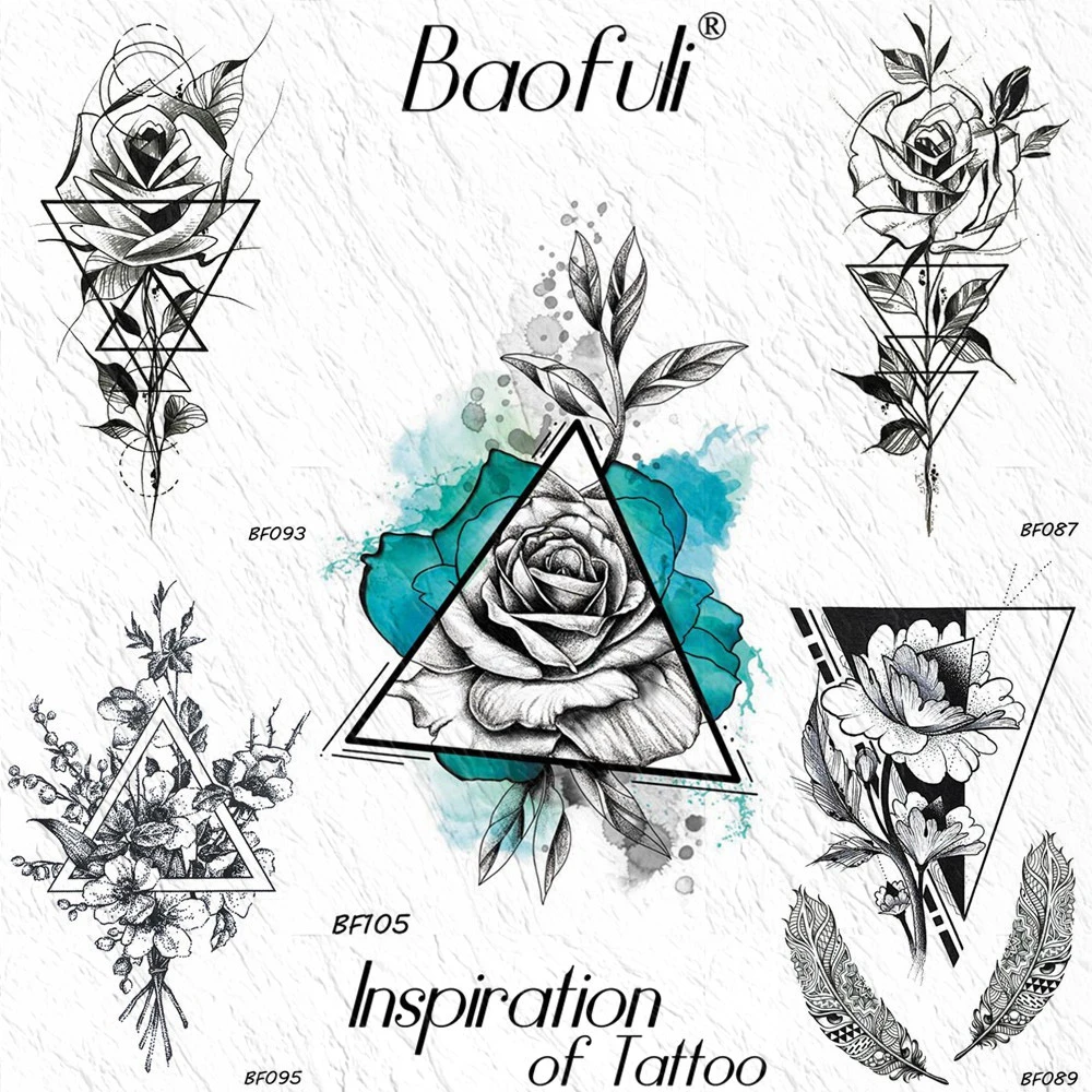 Watercolor Geometric Triangle Rose Flower Temporary Tattoo Sticker Leaves  Body Art Arm Fake Tatoos Sexy Waterproof Tattoo Paper