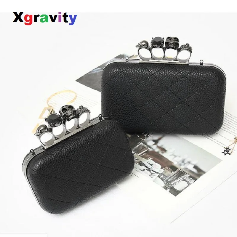 XGRAVITY Licthi Skin Sexy Ladies Clutch Bag Fashion Designer Chain Shoulder Bags Women Retro Skull Ring Mini Party Lady Bag A006