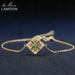 LAMOON 2 мм 0.06ct 100% натуральный изумруд 925 пробы Серебряные ювелирные изделия 14 K желтое позолоченная цепочка браслет S925 LMHI003