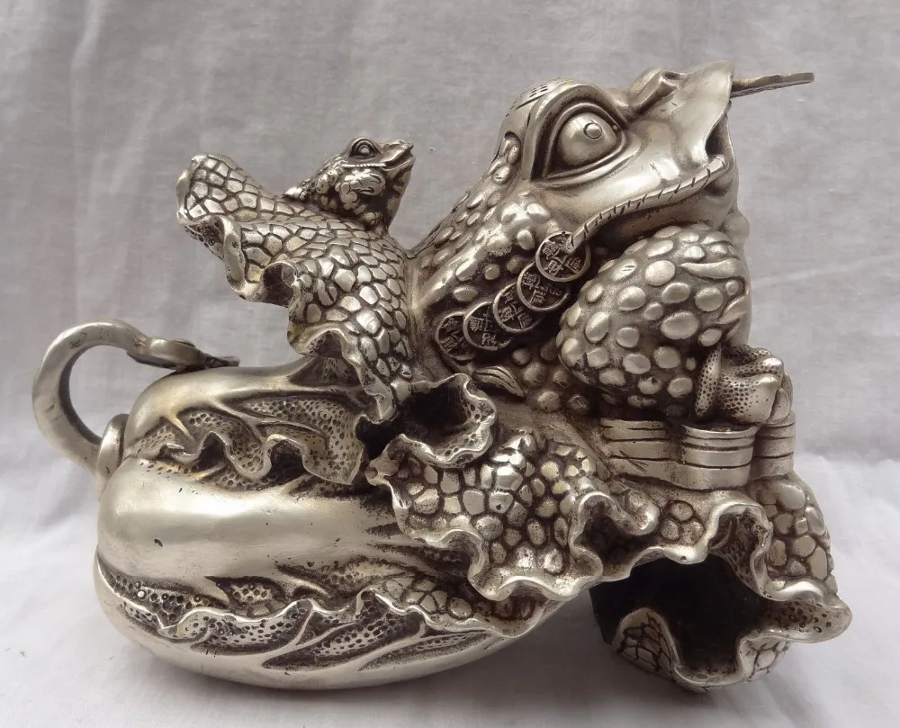 

bi002367 9" Chinese Silver Sculpture Fu RuYi Hoptoad Toad Ride Cabbage Brass Coin Statue