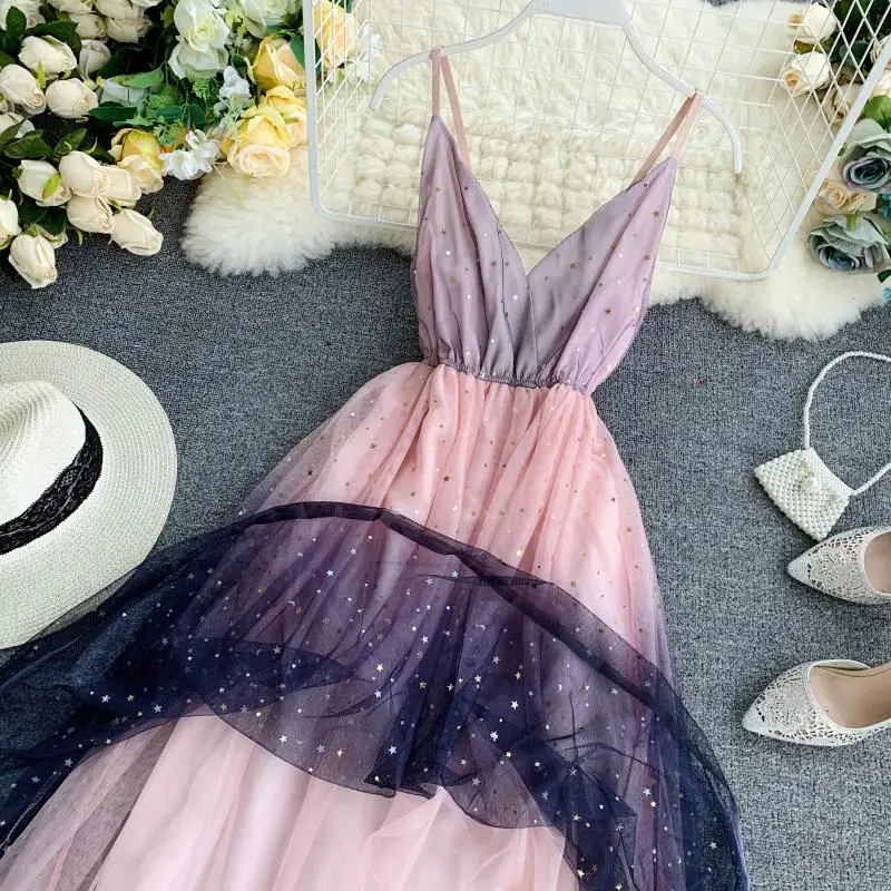 LISM сладкий Тюль Zomerjurk Dames 2019 глубокий v образный вырез Spaghettic ремень Высокая талия