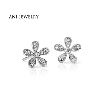 

ANI 14K White Gold Women Wedding Stud Earrings 0.18 CT Certified I/SI2 Real Natural Diamond Earrings Flower Shape Lady aretes
