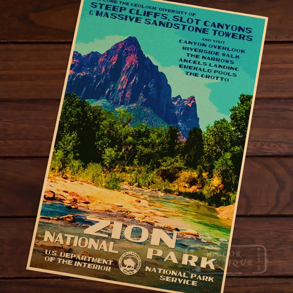 Винтажный настенный постер ZION NATIONAL PARK STEEP 100 слот для каньонов настенная наклейка