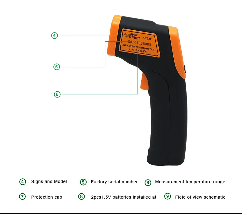 LDC IR Display Digital Infrared Thermometer AR320 -32~380C(-26~716F) Non-Contact IR Laser Point Gun Pyrometer (5)