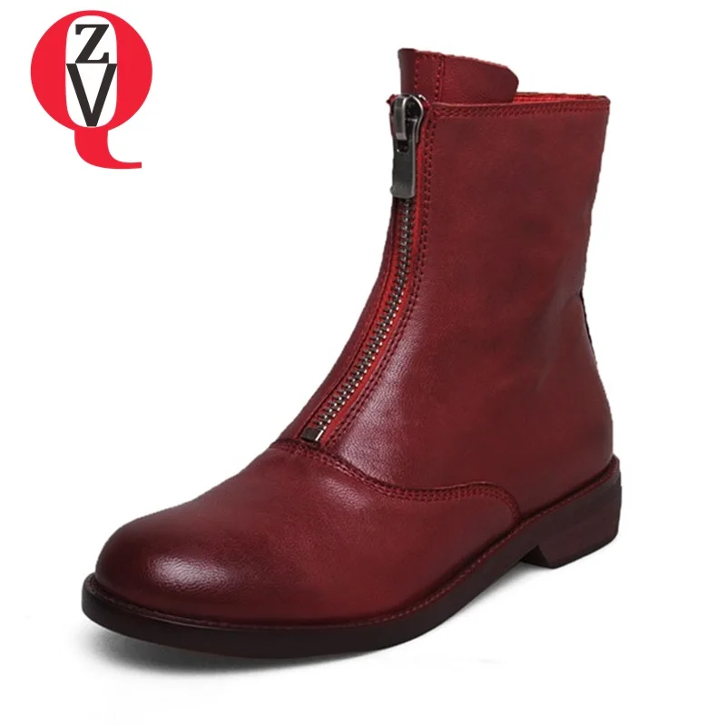 

ZVQ women brand shoes 2018 newset high quality sheepskin booties zipper middle heel round toe ankle boots ladies casual shoes