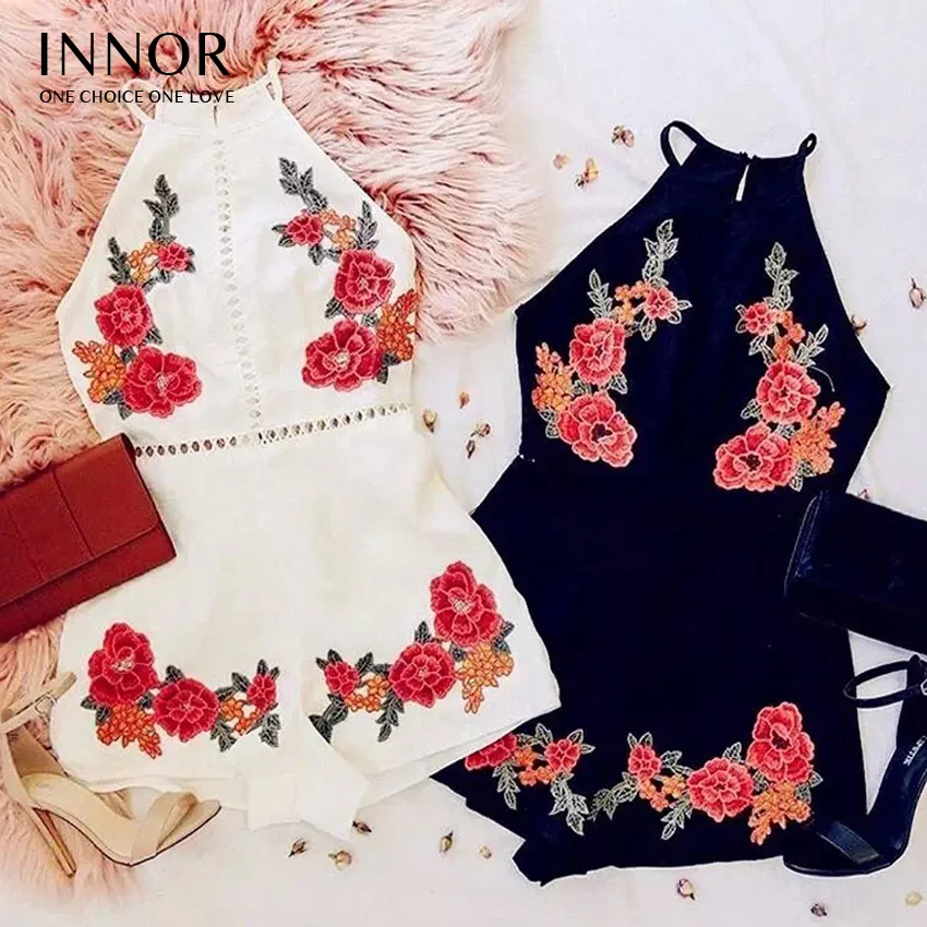 Women 2017 Halter Playsuit Innor Elegant Bodysuit Flower Rompers Embroidery Backless New Sexy Floral Out Summer Hollow n8wdxwgzqZ