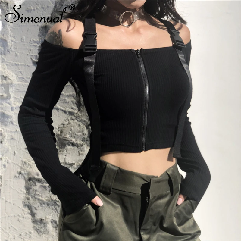 

Simenual Autumn black t-shirts for women fashion zipper off the shoulder crop top long sleeve female t-shirt slim sexy buckle