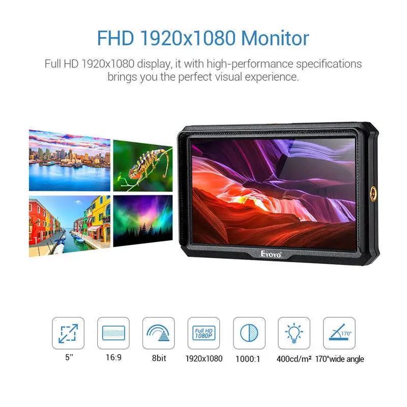 Eyoyo A5 5 Inch Utra Slim IPS Full HD 1920x1080 4K HDMI On-camera Video Field Monitor for Canon Nikon Sony DSLR Camera Video Eyoyo A5 5 Inch Utra Slim IPS Full HD 1920x1080 4K HDMI On-camera Video Field Monitor for Canon Nikon Sony DSLR Camera Video