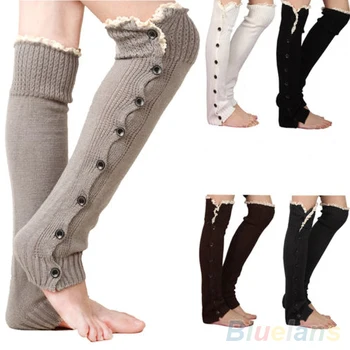 

Women's Crochet Knitted Stocking Leg Warmers Button Lace Trim Legging Boot 1SXE