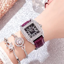 Ретро модные квадратные часы с кожанным ремешком простые водонепроницаемые инкрустированный алмазами сплав женские часы подарок