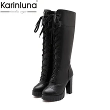KARINLUNA/ г. Большой размер 33-43, женская обувь на меху на платформе Модные женские зимние сапоги для вечеринок на высоком каблуке со шнуровкой, черного и белого цвета
