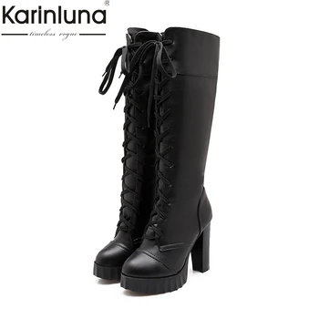 

KARINLUNA 2019 Big Size 33-43 Platform Add Fur Women Shoes Woman Fashion High Heel Lace Up Black White Winter Party Boots