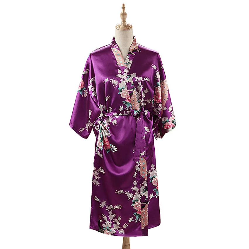 3-Woman-Loose-Style-Pajamas-Home-Sleep-Wear-Lace-Up-Peacock-Print-V-neck-Night-Gown-Japanese