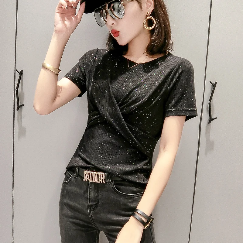 

Solid O-Neck Tshirt 2019 New Summer High Street Fashion Cotton Top Clothes Knot Shirt Camiseta Mujer Black White Gray T94802L