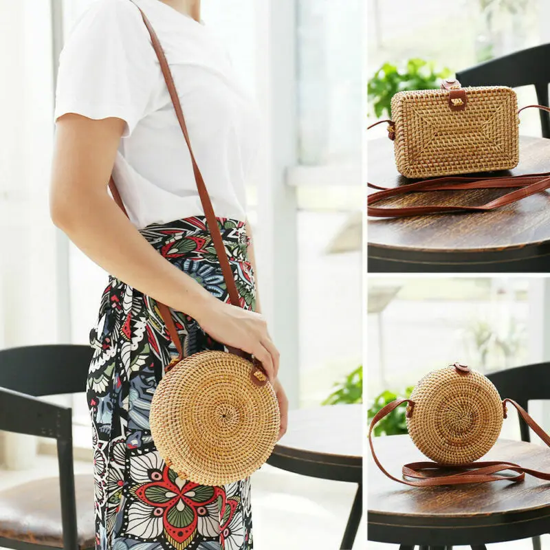 

Brand New Women Girls Summer Rattan Straw Bag Woven Round Handbag Crossbody Beach Bags