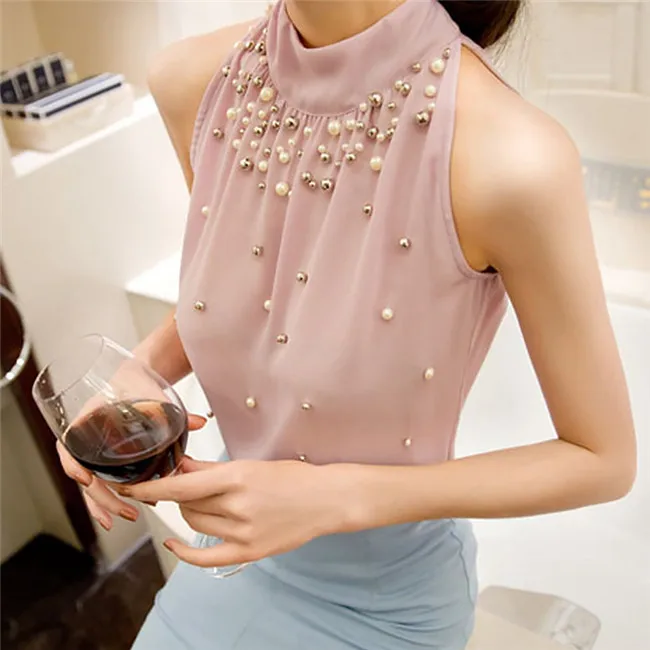 Элегантная женская летняя шифоновая блуза с бусинами, без рукавов, для офиса, для девушек, с жемчугом, водолазка, рубашка, корейский стиль, женские топы размера плюс S-3XL - Цвет: Розовый