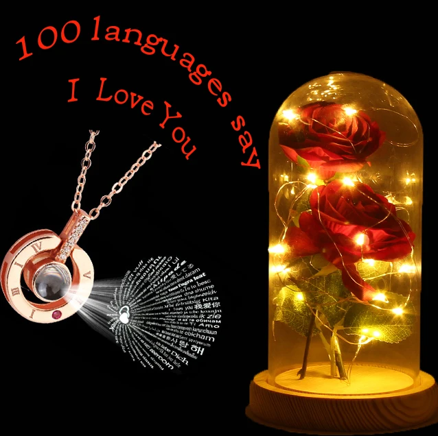 LED Beauty Rose and Beast Red Flower String Light + 100 языков Say I Love You Projection ожерелье подарок на день