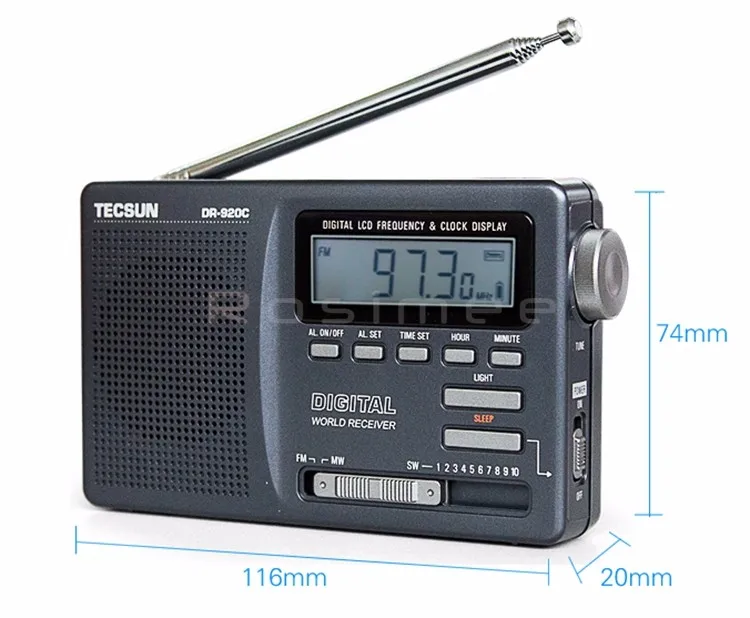 Tecsun-rádio fm portátil cinza com relógio digital,
