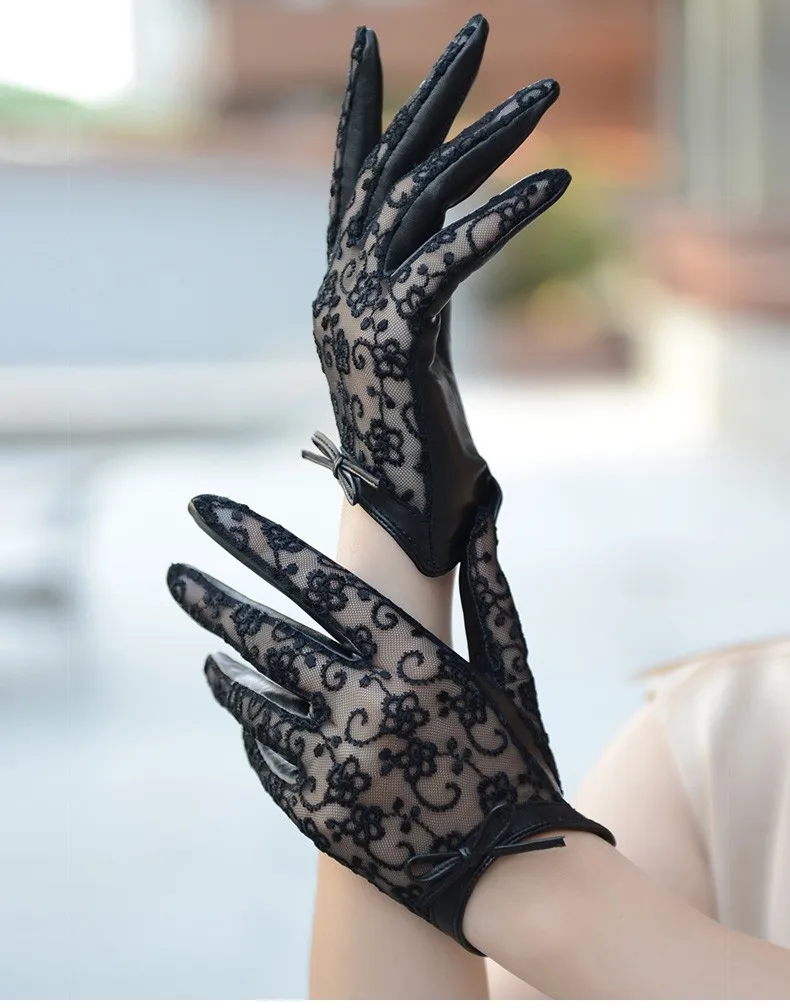 Горячая Распродажа, женские кружевные перчатки из натуральной кожи, без подкладки, наппа, овчина, на запястье, солнцезащитные перчатки