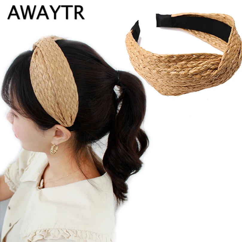 

AWAYTR New Bohemian Summer Straw Weaving Knot Hairband for Women Fashion Cross Handmade Headband Girls Hair Accessories