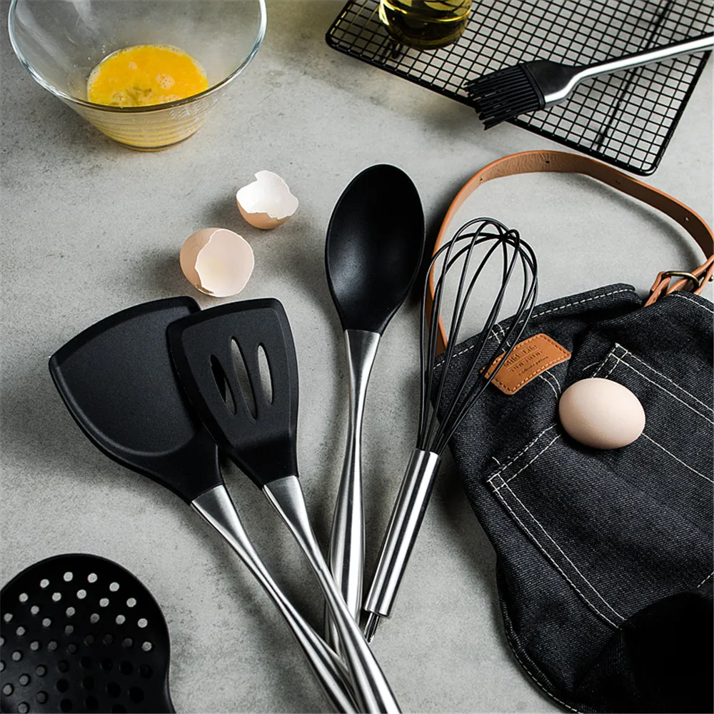 Черная силиконовая лопатка, лопатка для лапши, ложка для супа, ручка из нержавеющей стали, кухонная утварь, кухонная посуда, кухонные инструменты, 1 шт